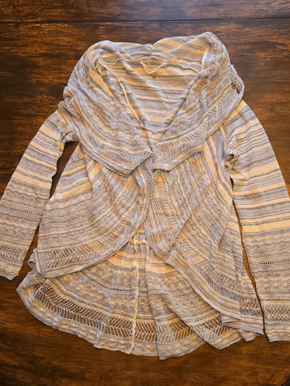 Anthropologie Knitted & Knotted Striped Open Front Waterfall Cardigan-Blue White